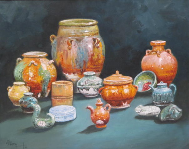 Lot #588: J. D. CASTRO - Still Life with Pottery - Oil on canvas