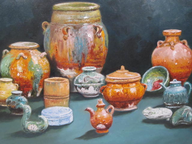Lot #588: J. D. CASTRO - Still Life with Pottery - Oil on canvas