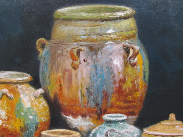 Lot #588: J. D. CASTRO - Still Life with Pottery - Oil on canvas