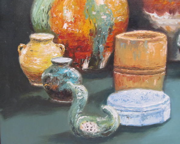 Lot #588: J. D. CASTRO - Still Life with Pottery - Oil on canvas