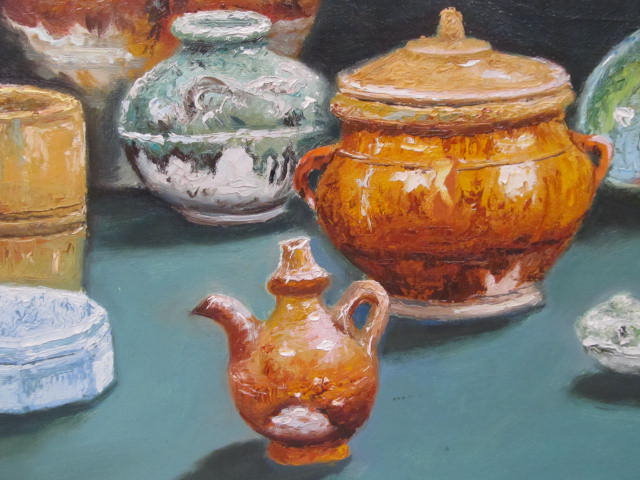 Lot #588: J. D. CASTRO - Still Life with Pottery - Oil on canvas