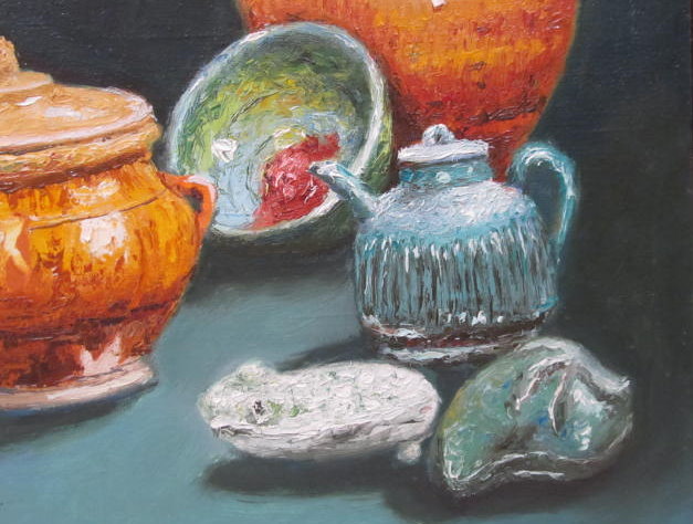 Lot #588: J. D. CASTRO - Still Life with Pottery - Oil on canvas