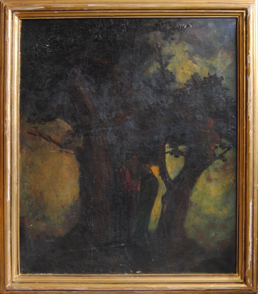 Lot #393: ALBERT PINKHAM RYDER - Merlin & Vivien - Oil on canvas