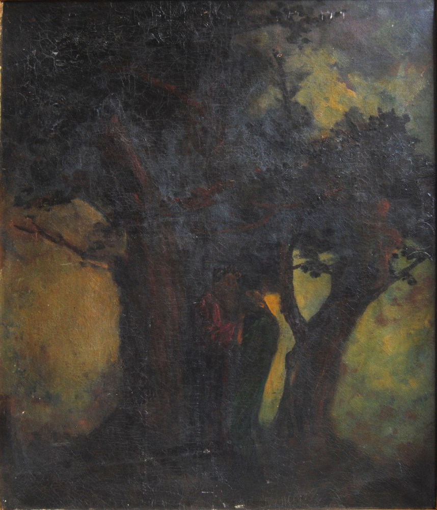 Lot #393: ALBERT PINKHAM RYDER - Merlin & Vivien - Oil on canvas