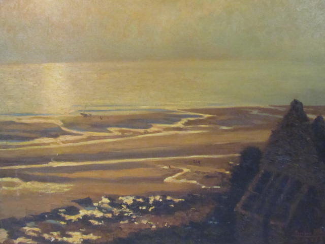 Lot #100: GEORGES PLASSE - Chiffres et bateau a la mer, le coucher du soleil - Oil on canvas