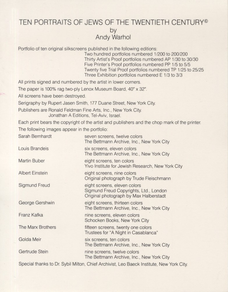 Lot #1390: ANDY WARHOL - Ten Portraits of Jews of the Twentieth Century Suite - Color offset lithographs