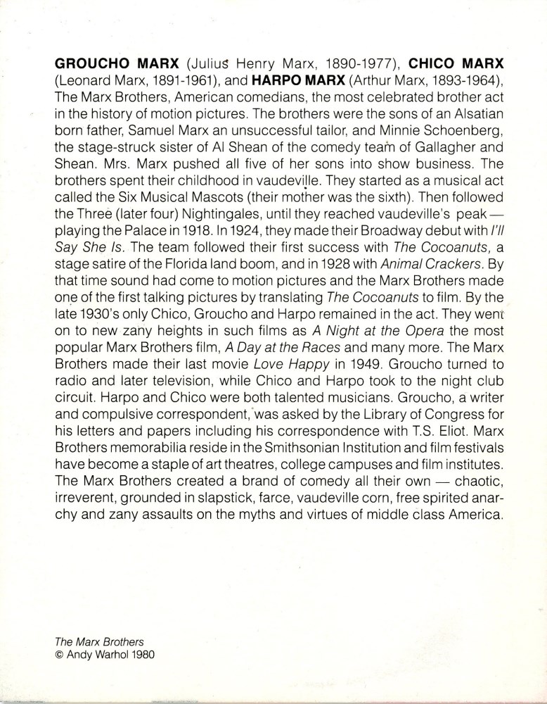 Lot #1406: ANDY WARHOL - The Marx Brothers - Color offset lithograph