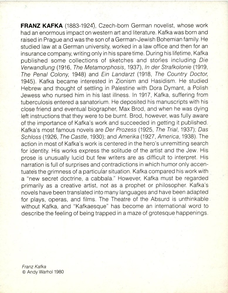 Lot #999: ANDY WARHOL - Franz Kafka - Color offset lithograph