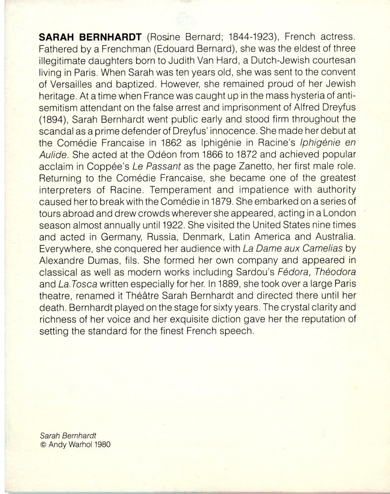 Lot #543: ANDY WARHOL - Sarah Bernhardt - Color offset lithograph
