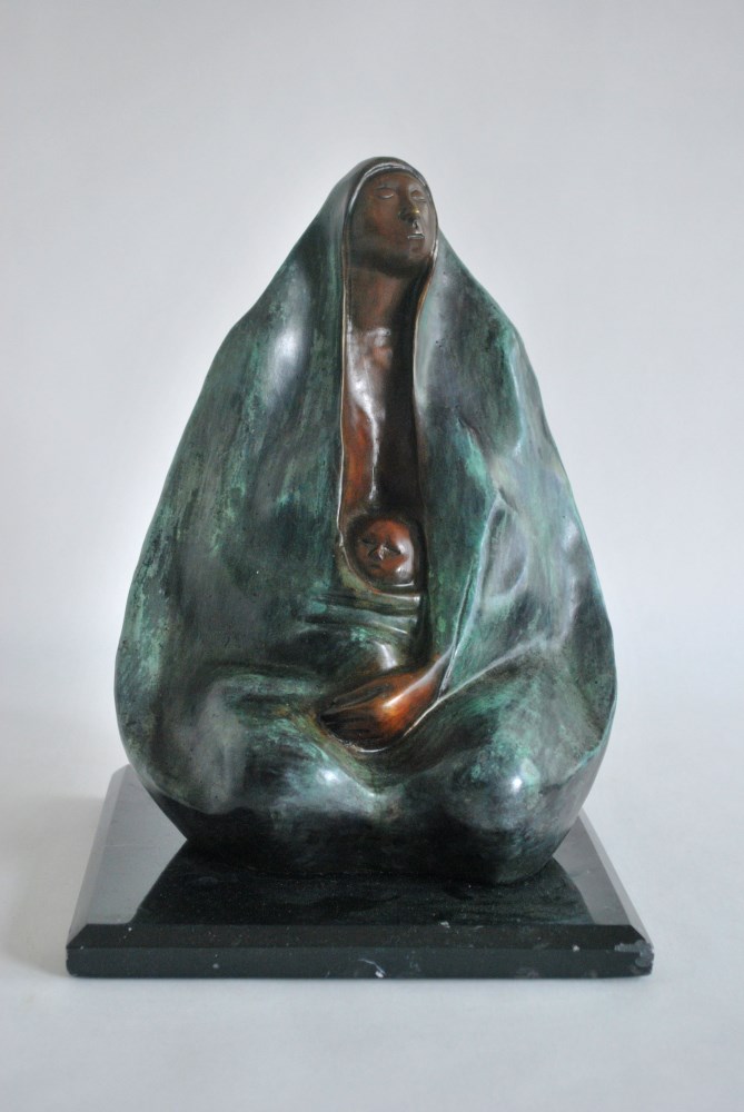 Lot #1817: FRANCISCO ZUNIGA [d'après] - La Mujer Sentada con Bebe - Bronze sculpture with turquoise and brown patina