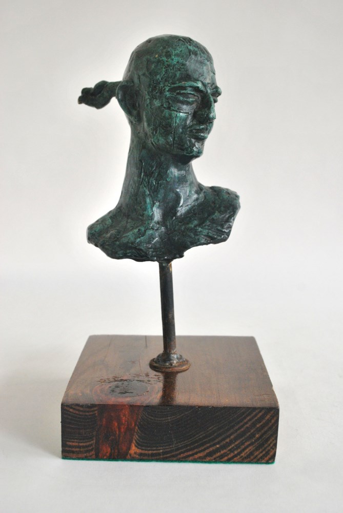 Lot #2569: JAVIER MARIN [d'après] - Hombre con Cola de Caballo - Bronze sculpture with turquoise and black patina