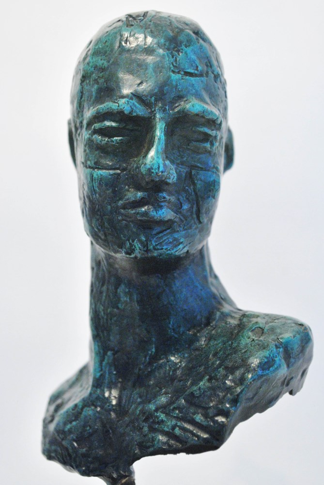Lot #2247: JAVIER MARIN [d'aprs] - Hombre con Cola de Caballo - Bronze sculpture with turquoise and black patina