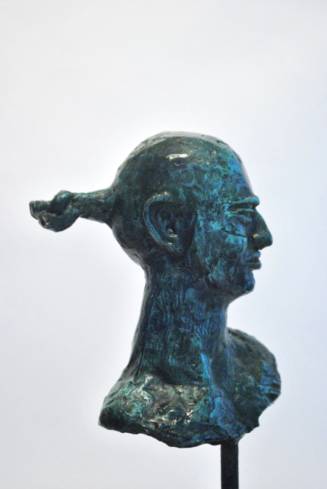 Lot #2569: JAVIER MARIN [d'après] - Hombre con Cola de Caballo - Bronze sculpture with turquoise and black patina