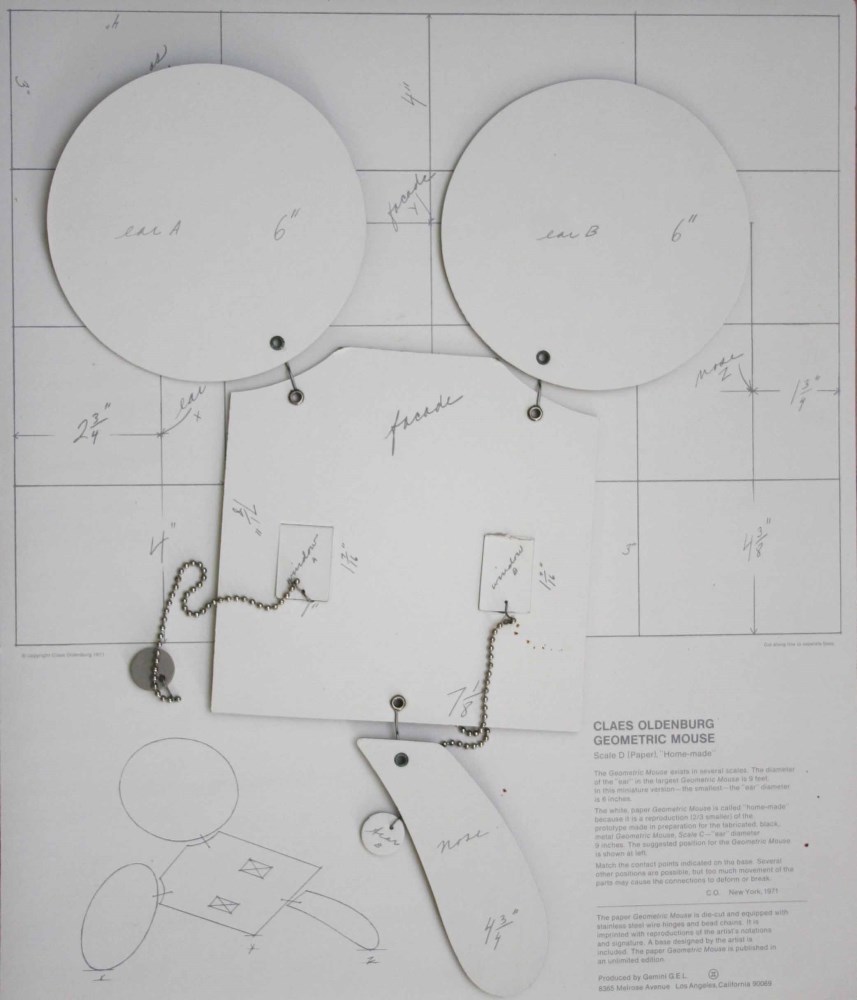 Lot #1008: CLAES OLDENBURG - Geometric Mouse - Scale D "Home Made" - Offset lithograph on wove paper laminated to five cardboard elements with die-cut, stainless steel chain and wire and nickel-plated fasteners