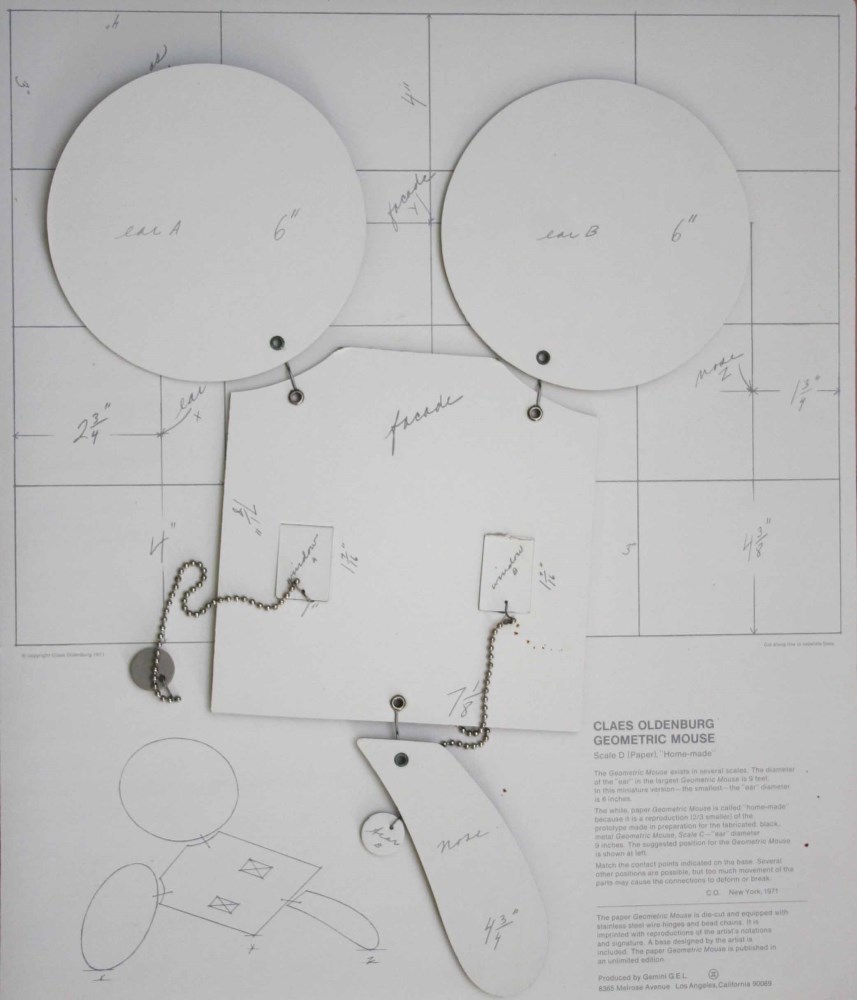 Lot #1728: CLAES OLDENBURG - Geometric Mouse - Scale D "Home Made" - Offset lithograph on wove paper laminated to five cardboard elements with die-cut, stainless steel chain and wire and nickel-plated fasteners