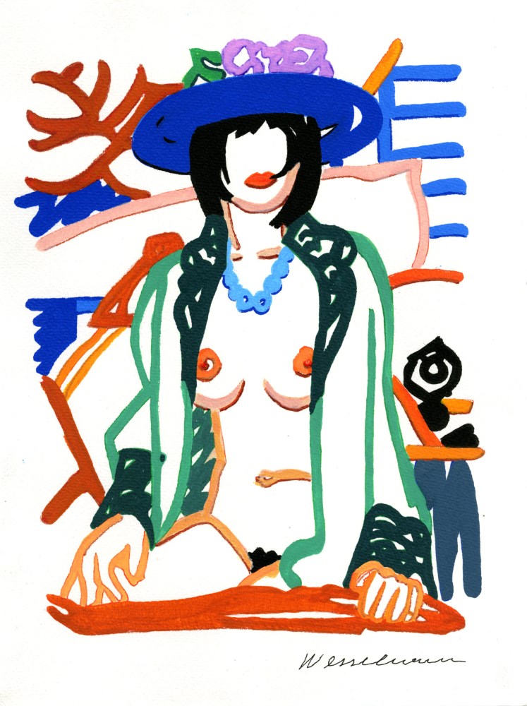 Lot #1890: TOM WESSELMANN [d'après] - Monica Sitting Cross-legged with Blue Hat - Acrylic on paper