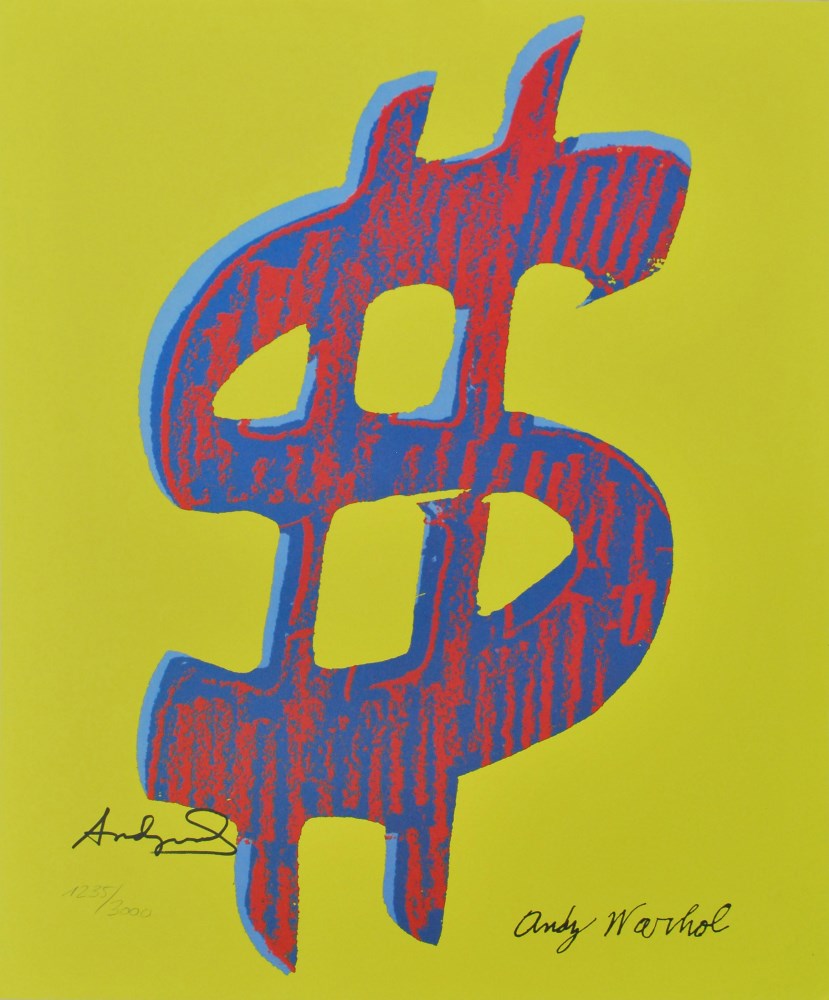 Lot #596: ANDY WARHOL [d'apres] - Dollar Sign $ [yellow background; red/blue symbol] - Color lithograph