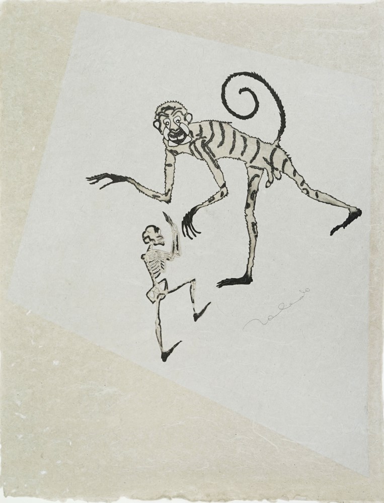 Lot #1860: FRANCISCO TOLEDO - Chango y Calavera - Original color stencil cut with watercolor