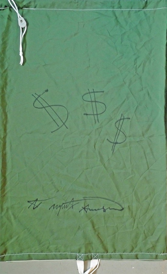 Lot #162: ANDY WARHOL - Dollar Signs - $$$ - Laundry Bag - Black marker drawings on green rip-stop nylon laundry bag