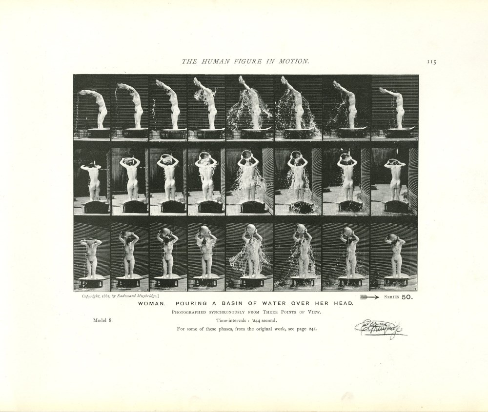 Lot #3270: EADWEARD MUYBRIDGE - Woman: Pouring a Basin of Water over Her Head - Original photomezzotint & letterpress