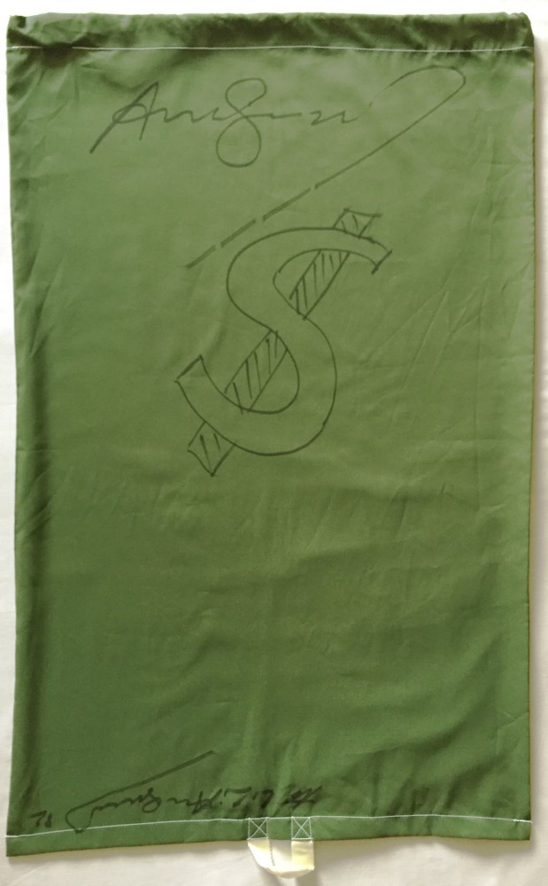 Lot #1501: ANDY WARHOL - $ - Dollar Sign - Black marker drawing on green rip-stop nylon laundry bag