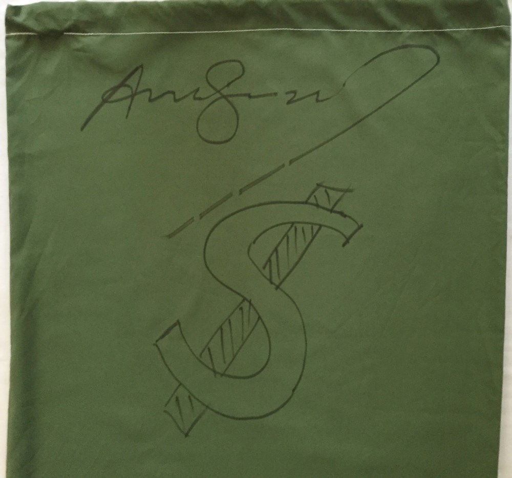 Lot #931: ANDY WARHOL - Dollar Sign - $ - Black marker drawing on green rip-stop nylon laundry bag