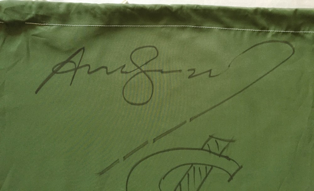 Lot #931: ANDY WARHOL - Dollar Sign - $ - Black marker drawing on green rip-stop nylon laundry bag