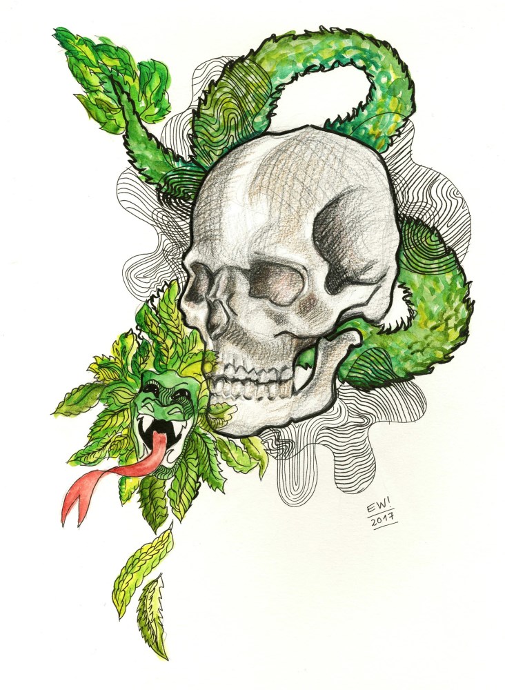 Lot #549: ESTELA WILLIAMS - Quetzalcoatl - Watercolor, ink, and colored pencils on paper