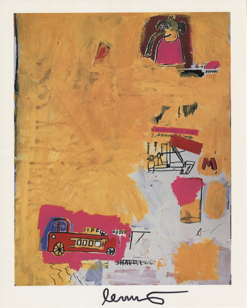 Lot #1987: JEAN-MICHEL BASQUIAT - Pink Elephant with Fire Engine - Color offset lithograph