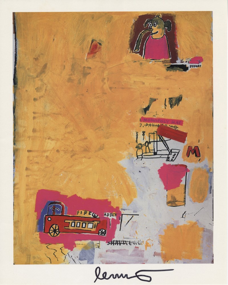 Lot #2720: JEAN-MICHEL BASQUIAT - Pink Elephant with Fire Engine - Color offset lithograph