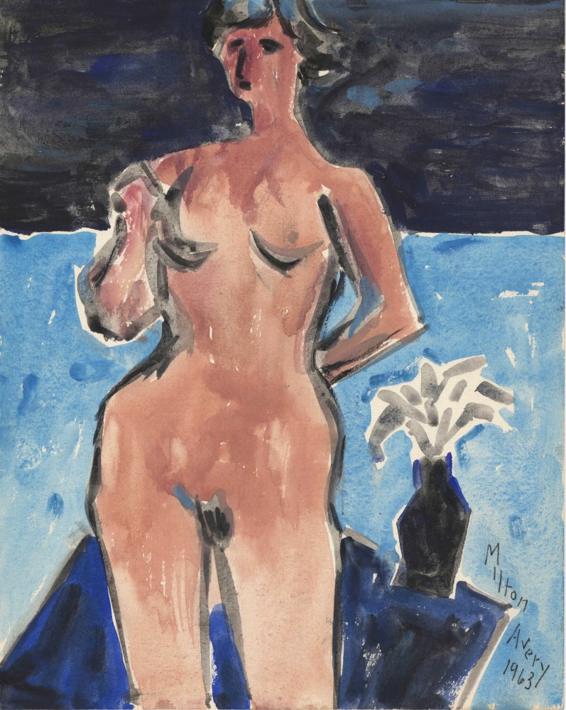 Lot #2602: MILTON AVERY [imputée] - Nude with Bouquet - Watercolor on paper