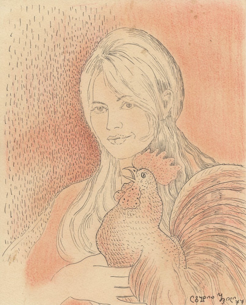 Lot #275: LADO GUDIASHVILI - Jeune femme avec un coq - Pastel and ink on paper