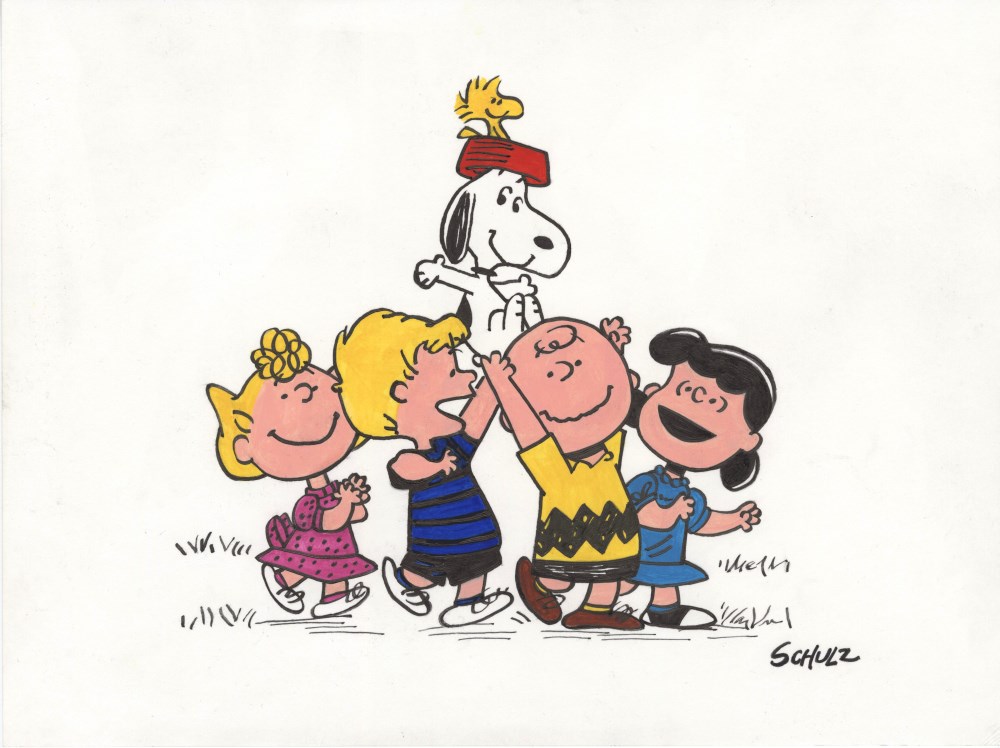 Lot #92: CHARLES SCHULZ - Charlie Brown & the Gang - Watercolor and marker drawing on paper