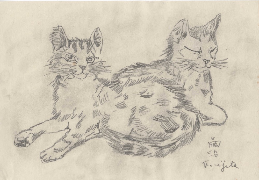 Lot #2000: LEONARD TSUGUHARU FOUJITA [d'aprs] - Deux chats, un dormant - Pencil drawing on paper
