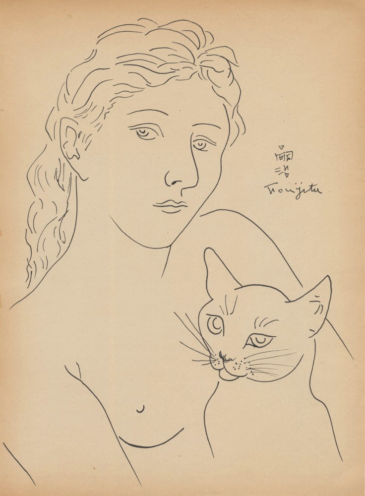 Lot #2107: LEONARD TSUGUHARU FOUJITA [d'aprs] - Fille avec chat - Ink drawing on paper