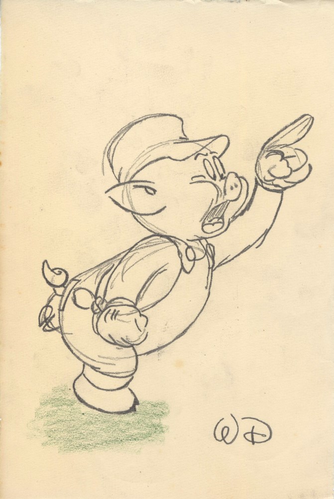 Lot #353: WALT DISNEY - Little Pig - Pencil and colored pencil drawing on paper