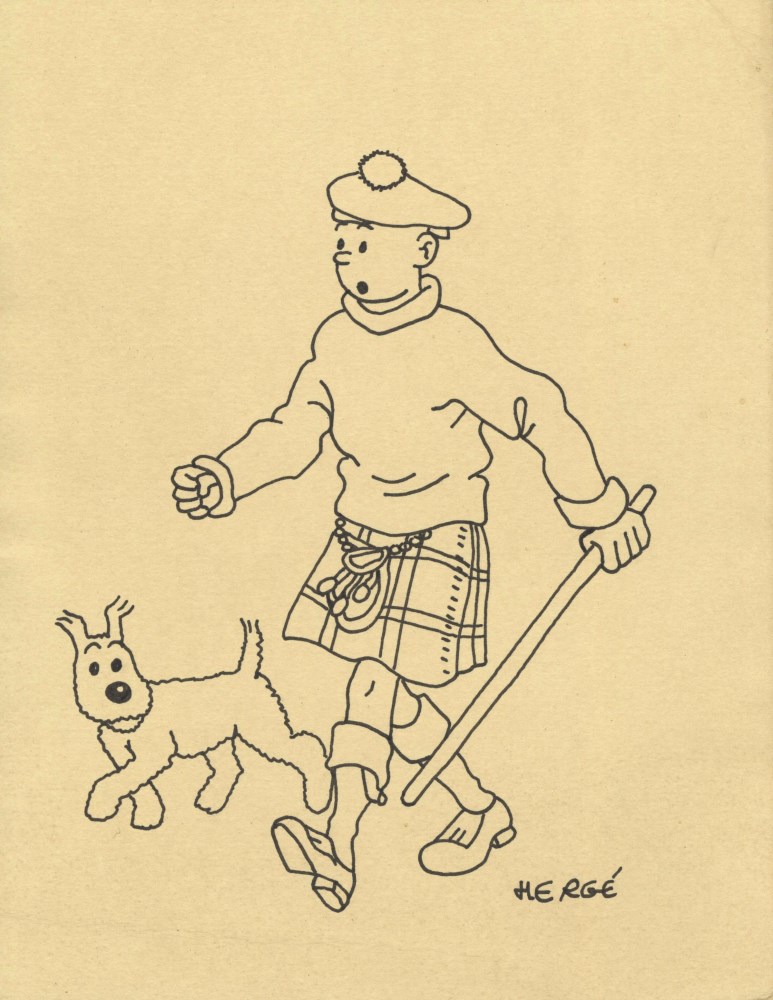 Lot #2184: HERGE [imputée] - Tintin Wearing a Quilt, with Snowy - Ink drawing on paper