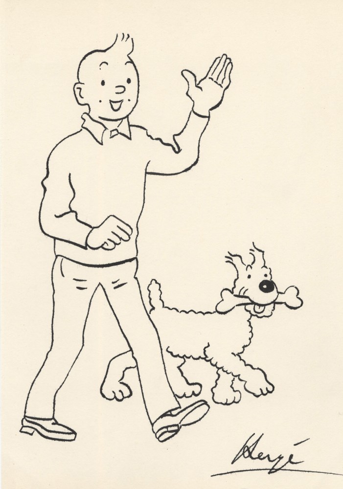 Lot #2183: HERGE [imputée] - Tintin Waving, with Snowy - Ink drawing on paper