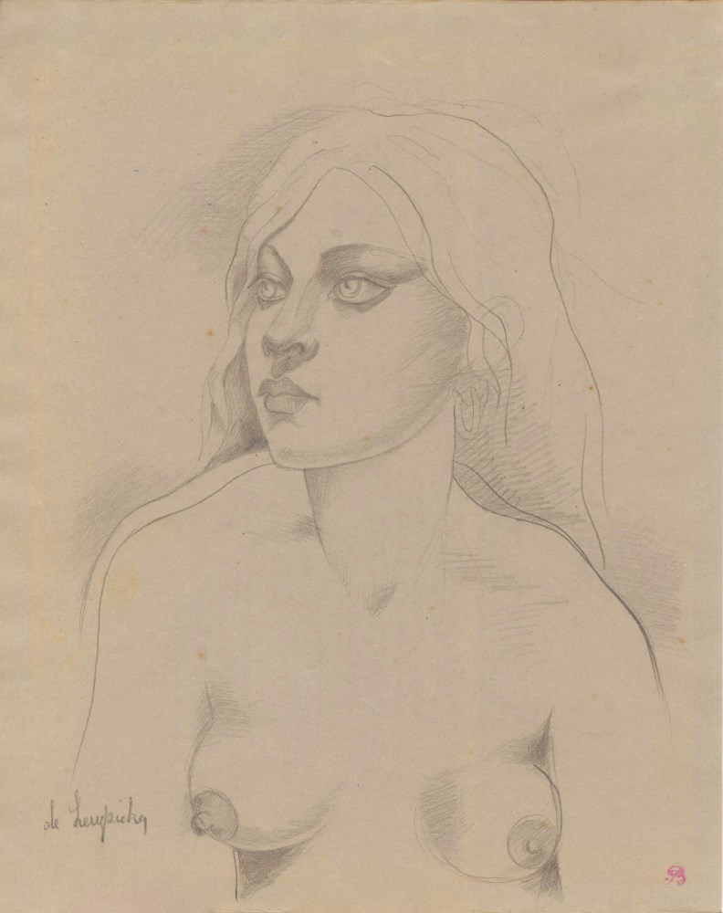 Lot #1275: TAMARA DE LEMPICKA - Portrait d'une jeune femme nue - Pencil drawing on paper