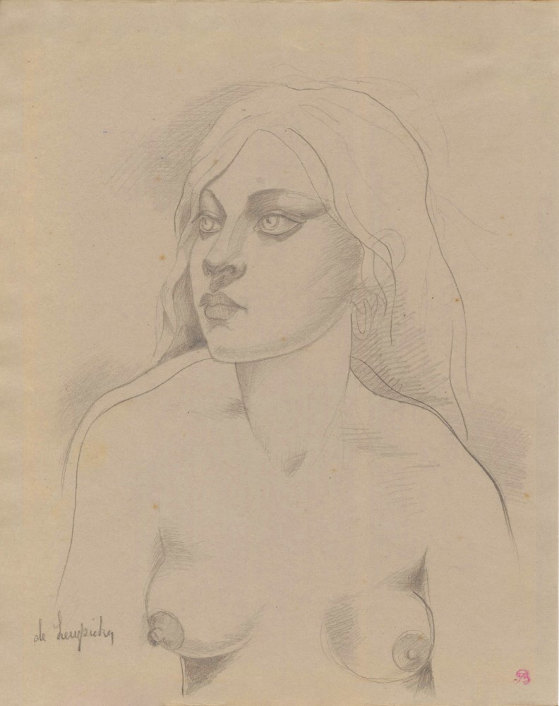 Lot #1599: TAMARA DE LEMPICKA - Portrait d'une jeune femme nue - Pencil drawing on paper