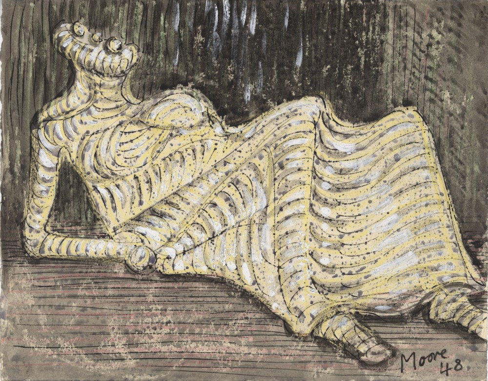 Lot #2026: HENRY MOORE - Reclining Figure - Watercolor, wax crayon, and pen and ink on paper