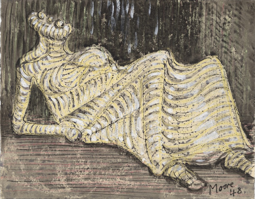 Lot #1298: HENRY MOORE - Reclining Figure - Watercolor, wax crayon, and pen and ink on paper