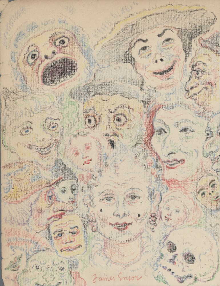 Lot #1394: JAMES ENSOR - Ttes Grotesques - Watercolor, wax crayon, and pencil drawing on paper