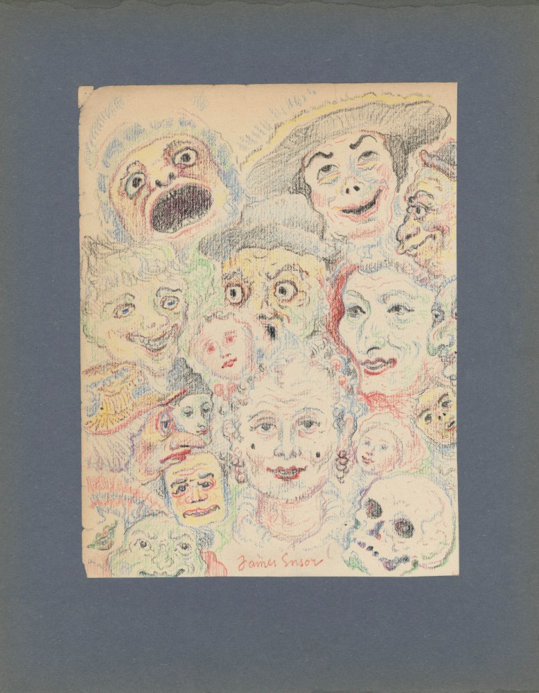 Lot #1394: JAMES ENSOR - Ttes Grotesques - Watercolor, wax crayon, and pencil drawing on paper