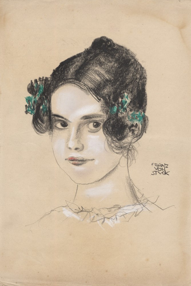 Lot #61: FRANZ VON STUCK - Bildnis der Tochter Mary mit grünen Bändern - Pastel and pencil chalk on paper