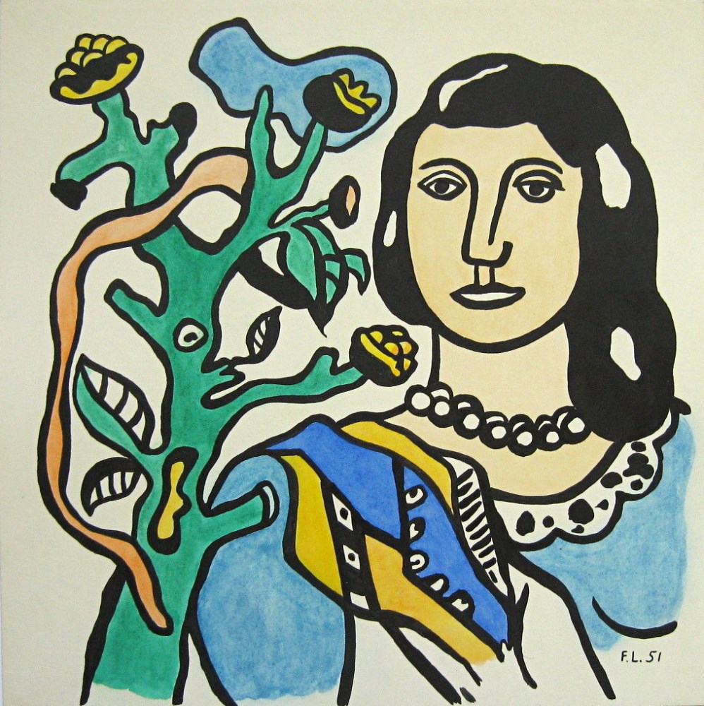 Lot #207: FERNAND LEGER - Femme a la fleur - Watercolor, gouache, and ink drawing on paper