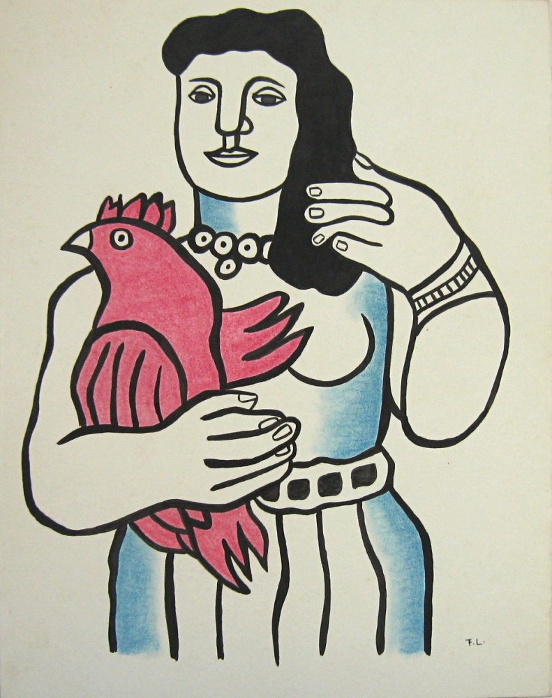 Lot #975: FERNAND LEGER [impute] - Femme avec un coq - Watercolor, gouache, and ink drawing on paper