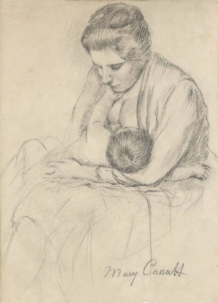 Lot #350: MARY CASSATT - Mother Nursing Her Child - Pencil drawing on paper