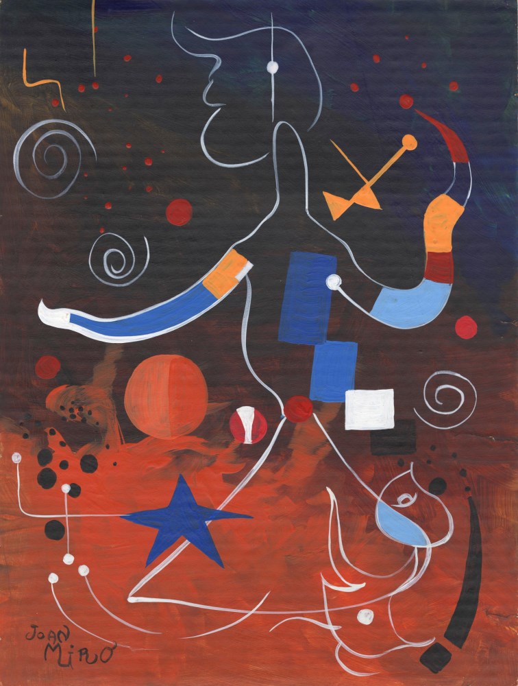 Lot #1258: JOAN MIRO - Personnage - Oil on paper mounted on cardboard