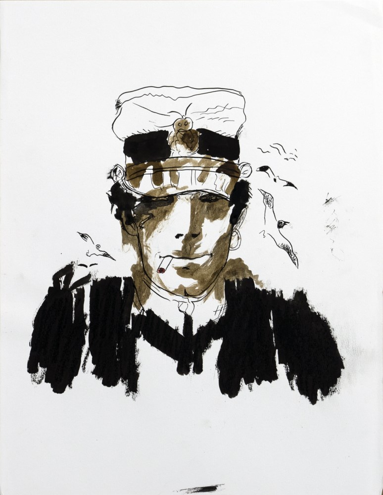 Lot #898: HUGO PRATT - Corto Maltese, with Seagulls - Watercolor, ink, and oil pastel on paper
